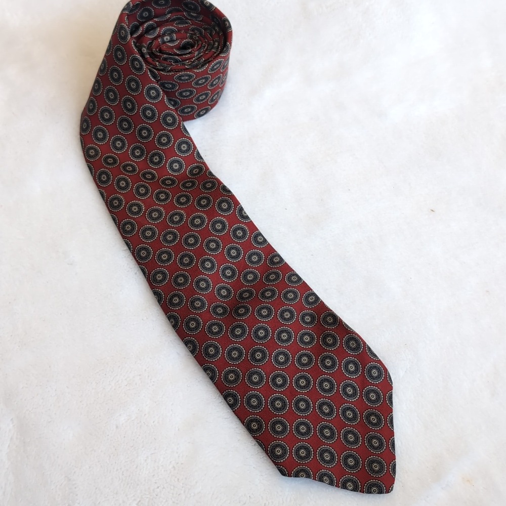Vintage Oscar de la Renta Couture Tie Red Navy Medallion Geometric Mens Necktie